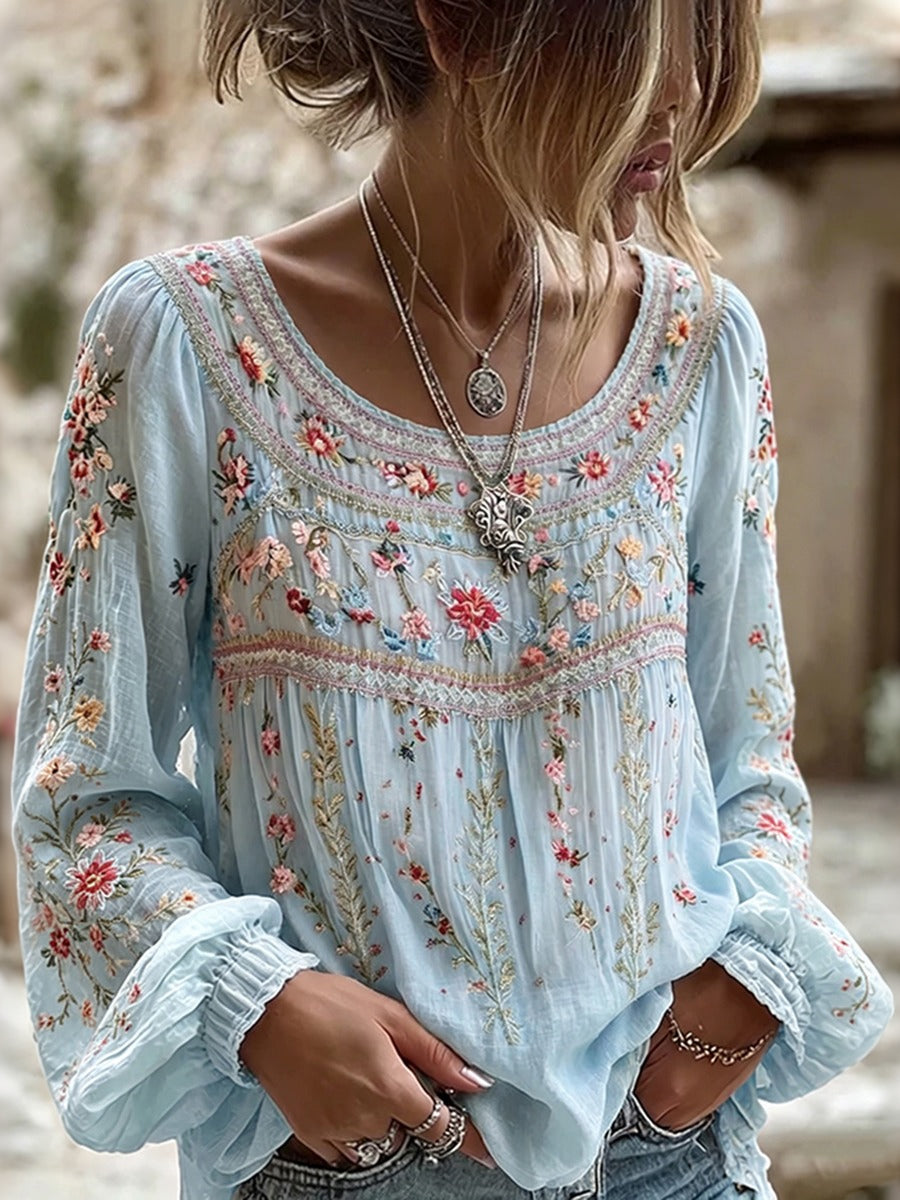 Women's Retro Bohemian Floral Embroidery Pattern Casual T-shirt