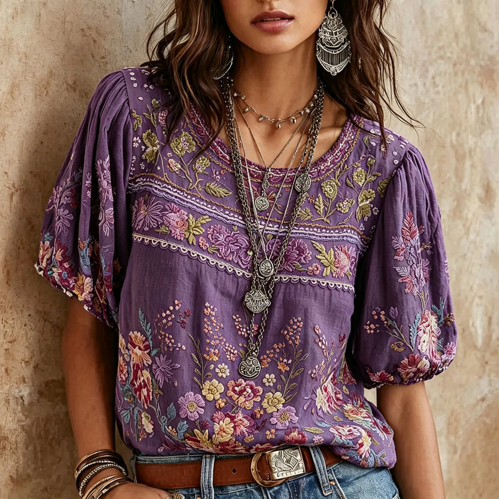 Vintage Classy Gradient Purple Floral Art Linen Blend Loose Short Sleeve Shirt