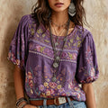 Vintage Classy Gradient Purple Floral Art Linen Blend Loose Short Sleeve Shirt