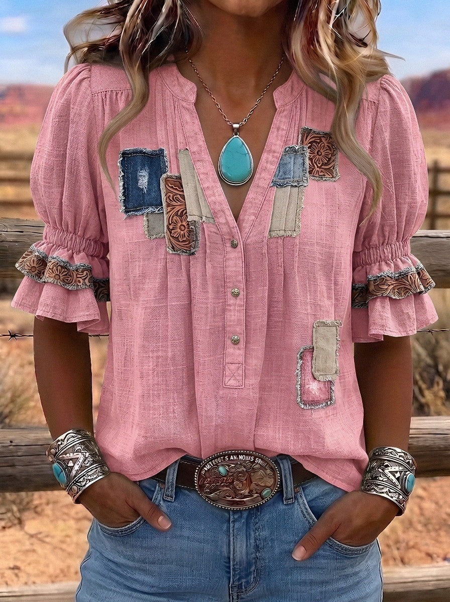 Women's Western Vintage Patchwork Floral Printed Top