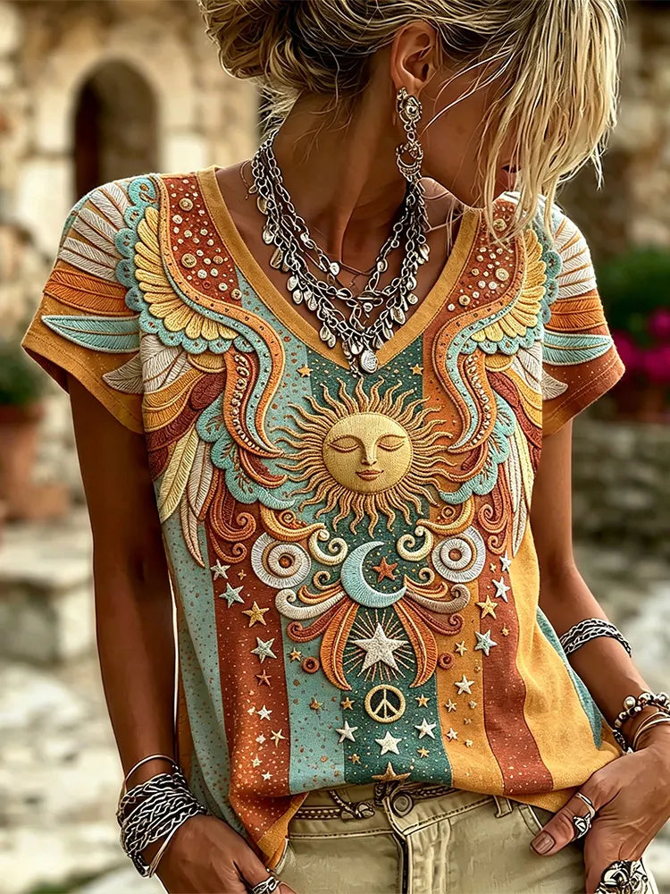 Women's Bohemian Vintage Hippie Color Block Sun Face Moon Star Embroidery V Neck Tee