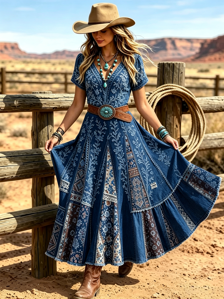 Women's Western Vintage Linen-Blend Maxi Dress