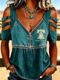 Women's Western Independence Day Liberty Bell Printed T-shirt