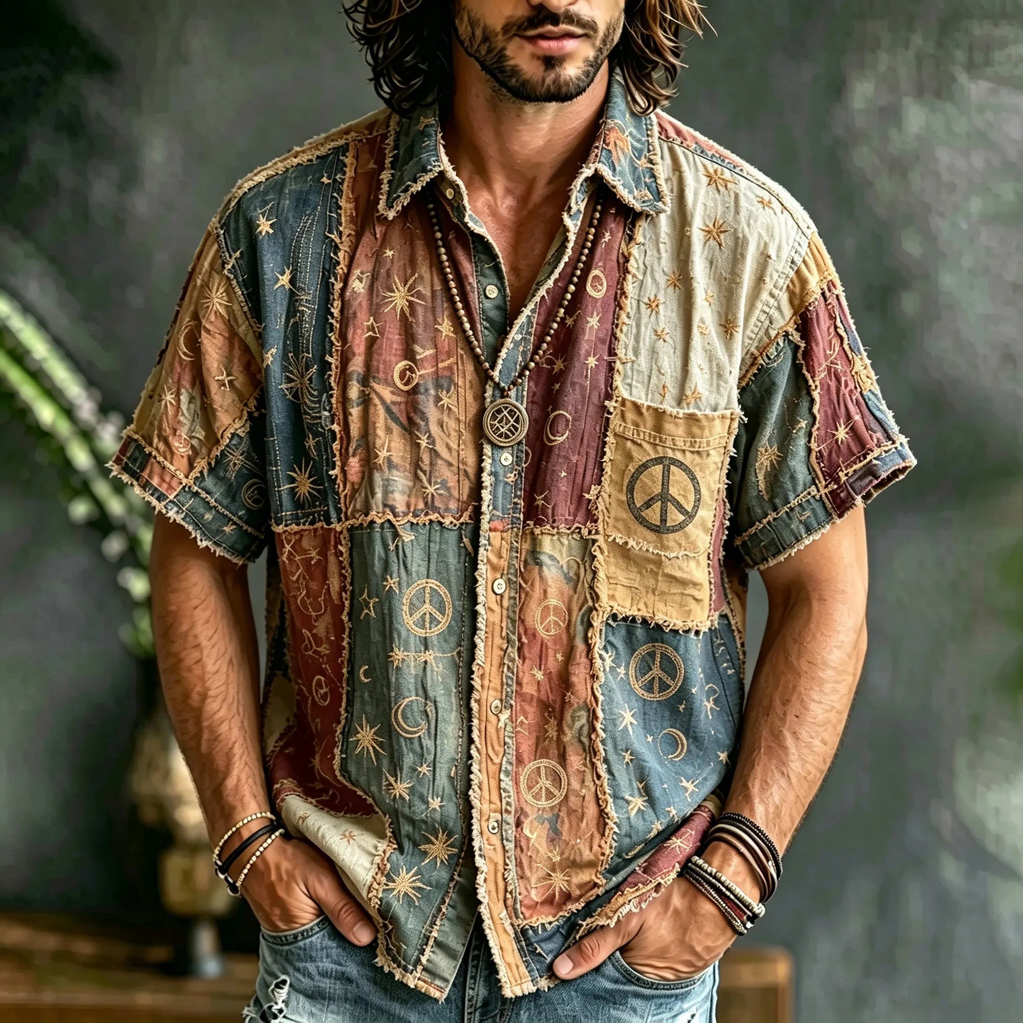 Men's Vintage Hippie Multicolor Patchwork Linen Blend Short Sleeve Shirt