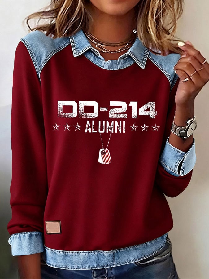 Women's Veteran Print Lapel Long Sleeve Top