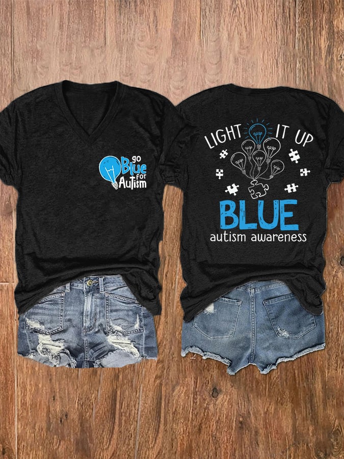 Women's Go Blue For Autism Light It Up Blue Autism Awareness V-Neck T-Shirt