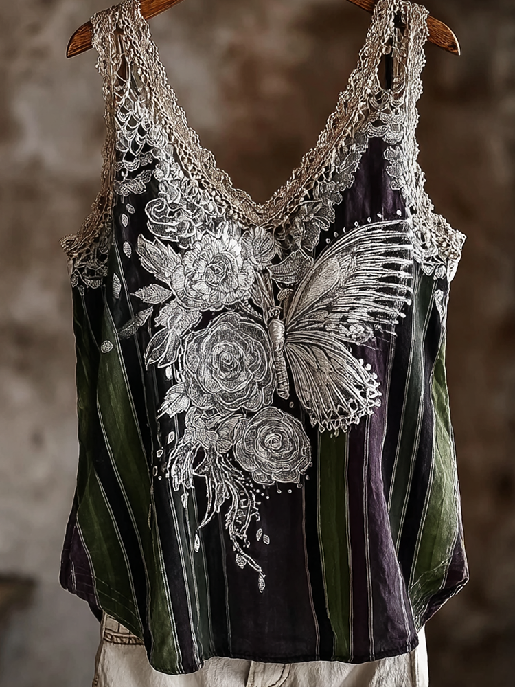 Butterfly Flower Lace Embroidery Patchwork Striped Design Women's Summer Linen Vest