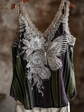 Butterfly Flower Lace Embroidery Patchwork Striped Design Women's Summer Linen Vest