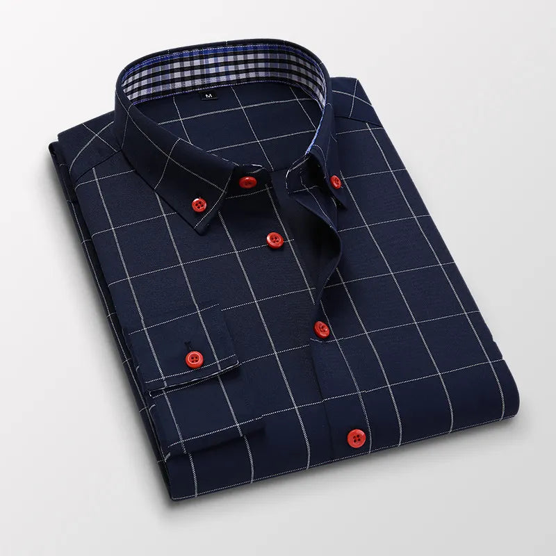 Men’s long-sleeve shirts with a plaid color-block design