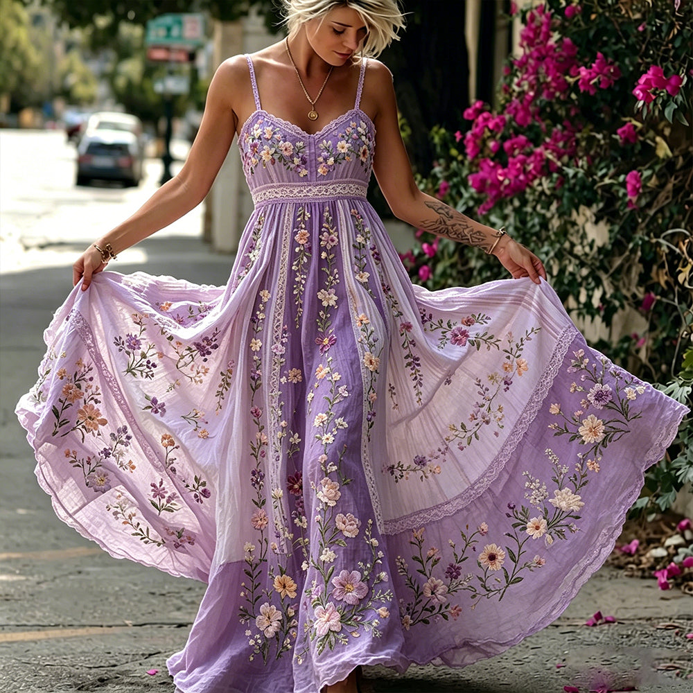 Women's Floral And Lace Art Splicing Washed Cotton Linen Casual Camisole Maxi Dress