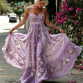 Women's Floral And Lace Art Splicing Washed Cotton Linen Casual Camisole Maxi Dress