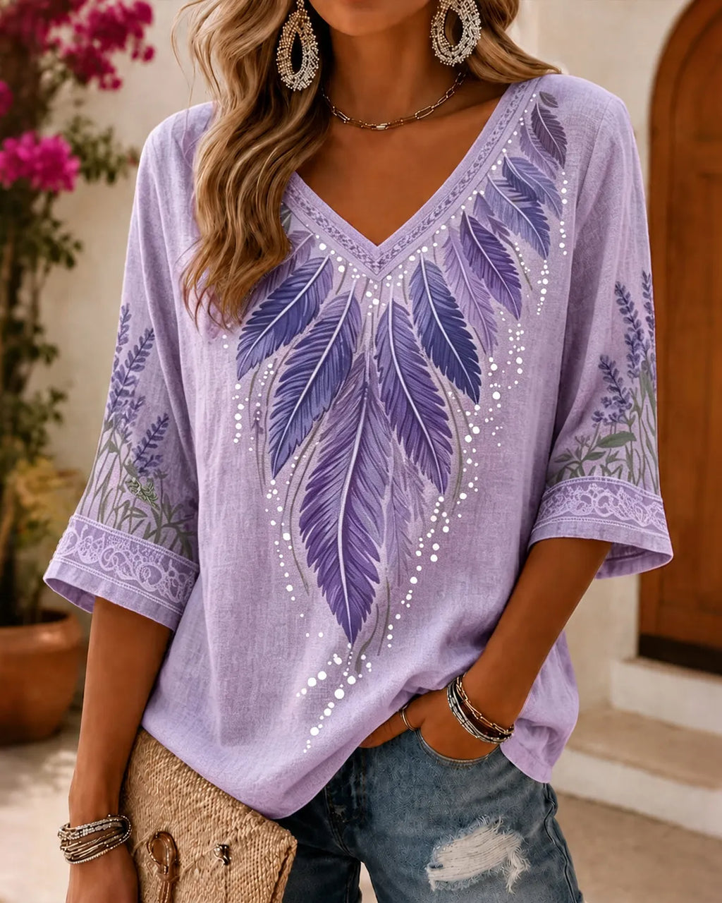 Women's Retro Feather Embroidered V Neck Casual T-shirt