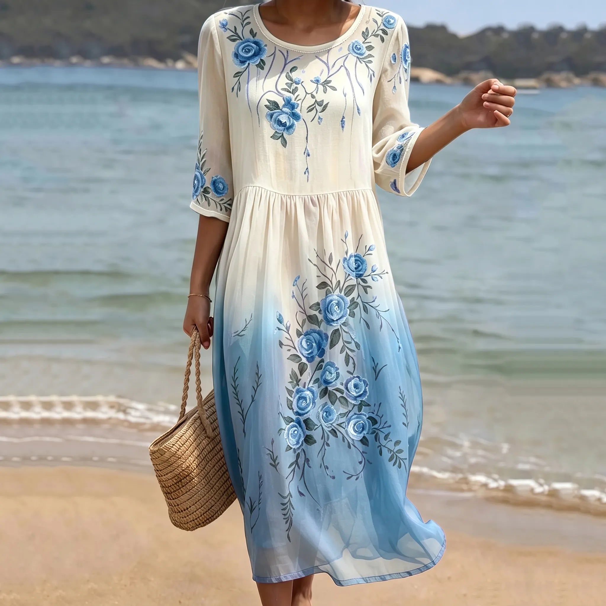 Women's Purple Rose Floral Gradient Pattern Mid-sleeve Casual Dress