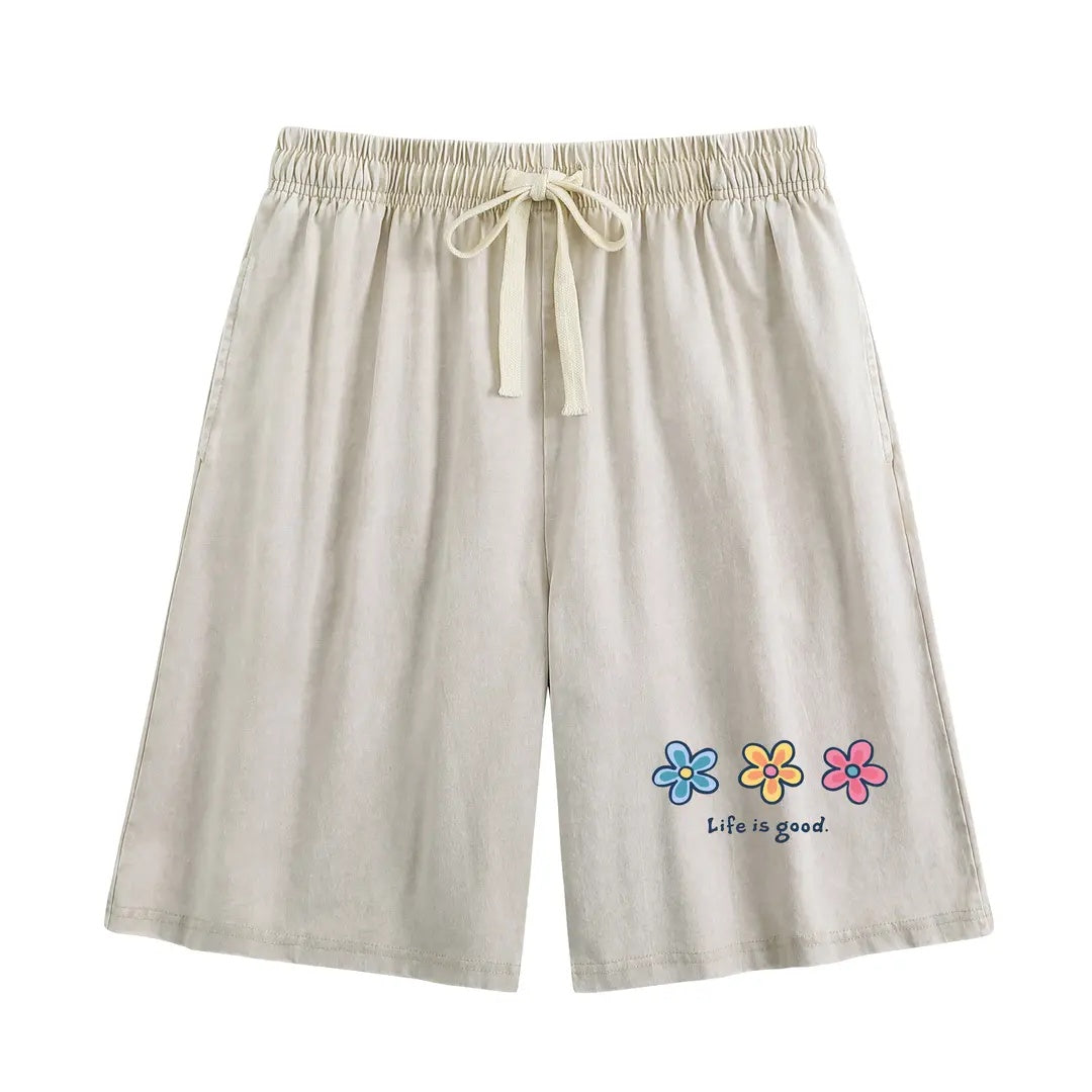 Unisex Flower Print Casual Shorts Acid Wash Soft Comfortable Cotton Blend Bottoms