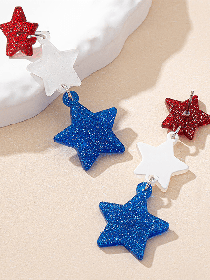 Independence Day Five-Pointed Star Three-Color Stitching Glitter Simple Earrings