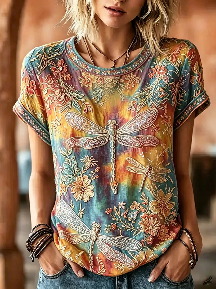 Women's Vintage Hippie Floral And Dragonfly In Rainbow Pattern Art Embroidered Linen Blend Shirts