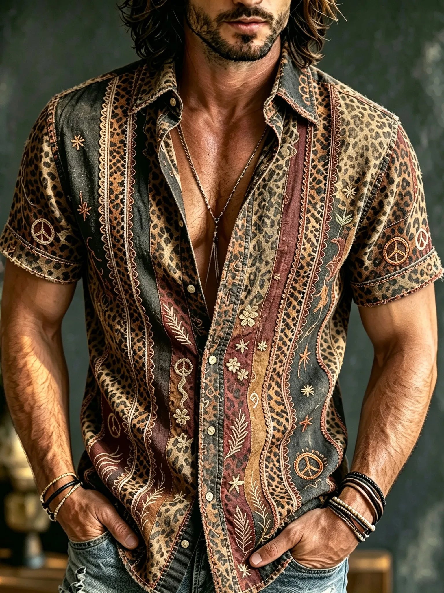 Men's Retro Bohemian Hippie Style Short-sleeved Shirt With Leopard Print, Floral, And Lace Patchwork Print.