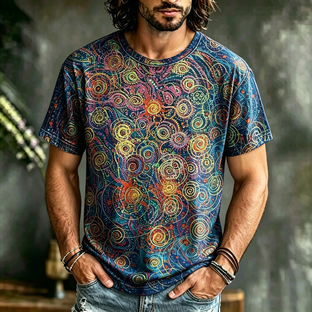 Men's Retro Hippie Style Art Print Casual Crew Neck Short Sleeve T-shirt