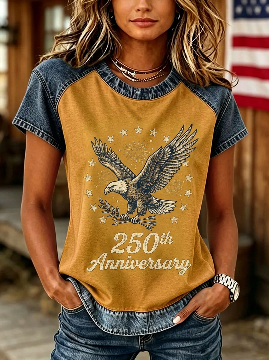 Women's Western Independence Day Eagle 250th Anniversary Printed T-shirt-2