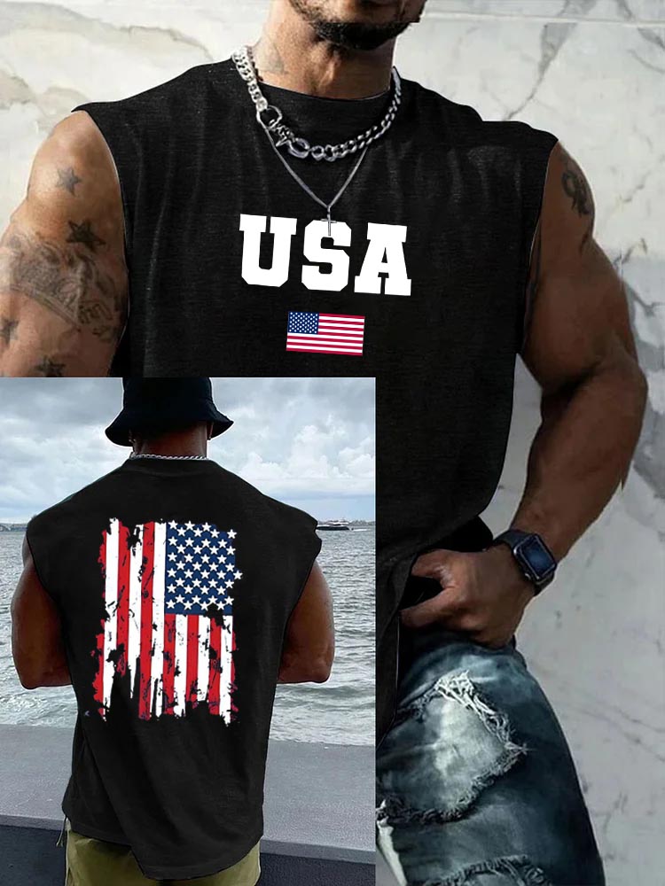 USA  America Flag Pattern Round Neck 100% Cotton Tank Top