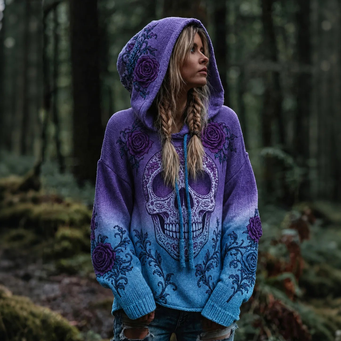Women's Vintage Viking Skull And Rose Gradient Art Knit Hooded Sweater