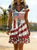 Women's Independence Day Flower Flag Art Print V-neck Short Sleeve Midi Dress