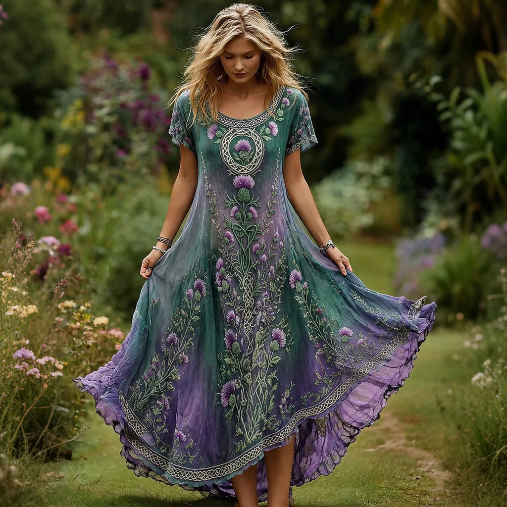 Women's Elegant Scottish Thistle Floral Print Alzheimer's Awareness Casual Dress