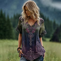 Women's Vintage Romantic Celtic Knot With Floral Art Linen Blend  V Neck T-shirt