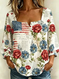 Women's Retro Flag Floral Newspaper Print Square Neck Button-Up Shirt