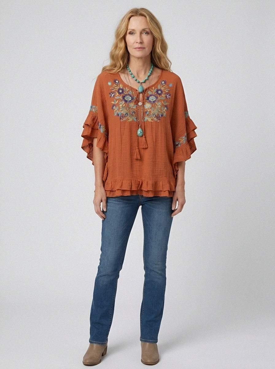 Women's Western Vintage Floral Embroidered Ruffle Sleeve Top