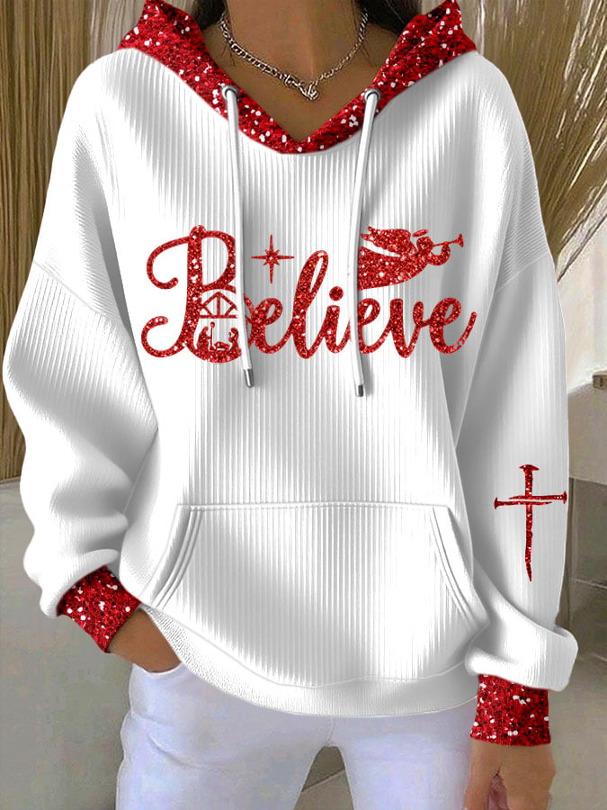 Women's Christmas Believe Print Knit Crew Neck Long Sleeve Top