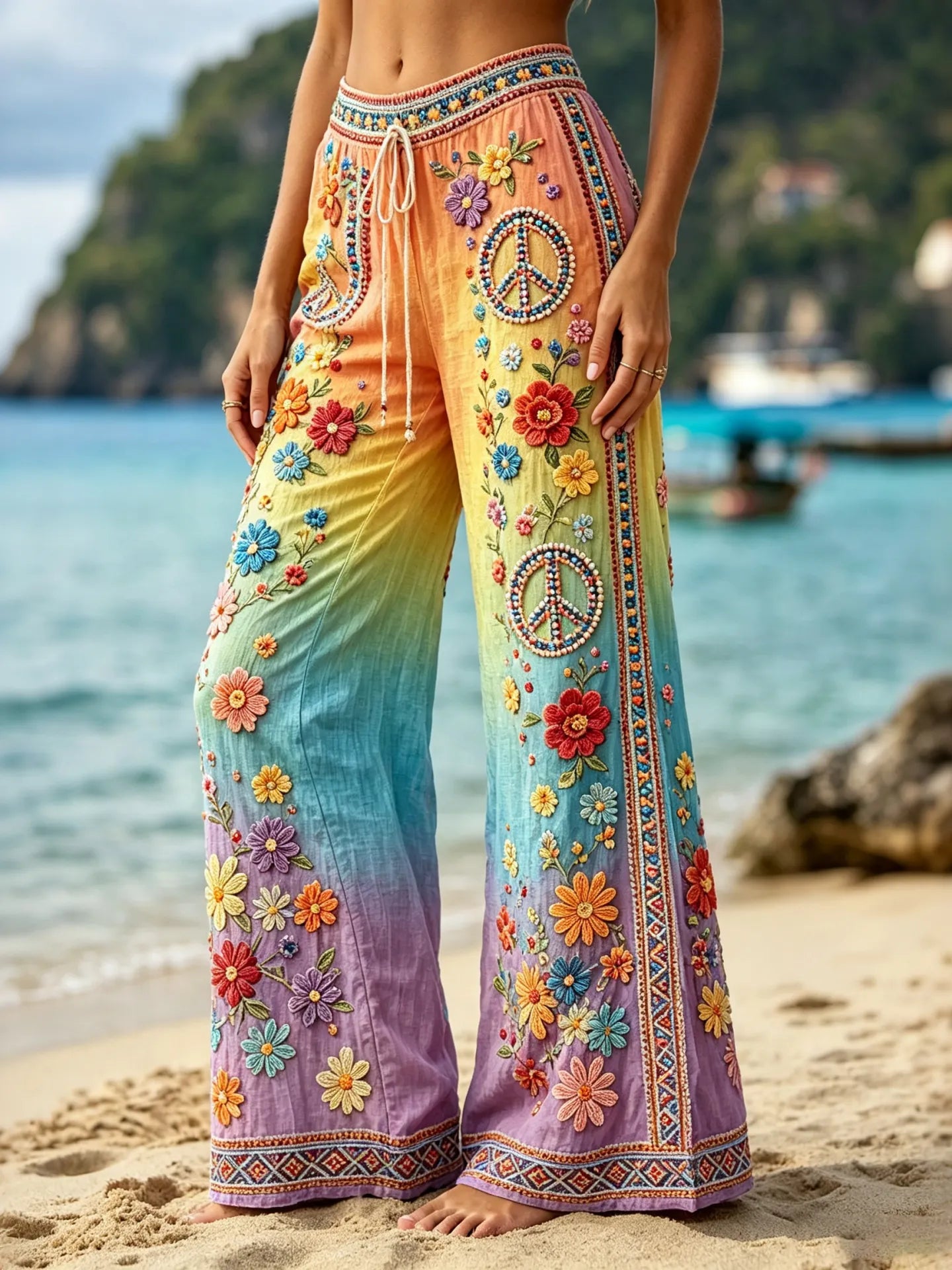 Women's Retro Hippie Peace Floral Embroidery Art Pattern Linen Blend Pants
