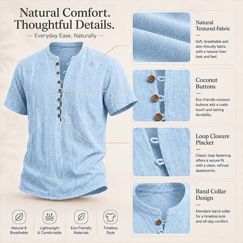 Men's Linen Short Sleeve Henley  T-Shirt