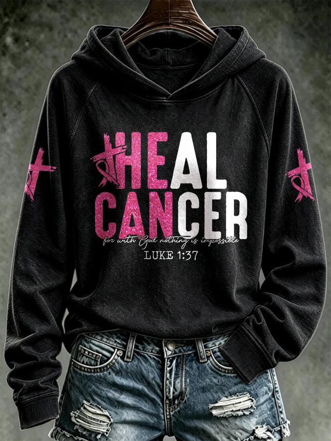 Retro Breast Cancer Awareness Heal Cancer: For With God Nothing Is Impossible Luke 1:37 Print Hoodie