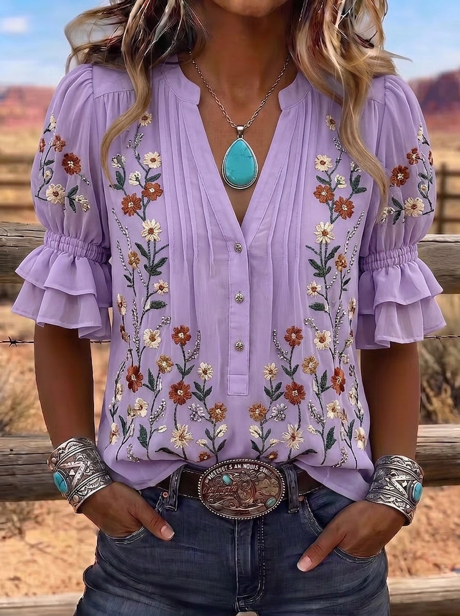 Women's Western Vintage Floral Embroidered Ruffle Sleeve Blouse