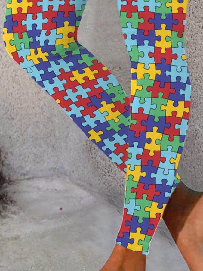 Autism Awareness Puzzle Pattern Print Leggings