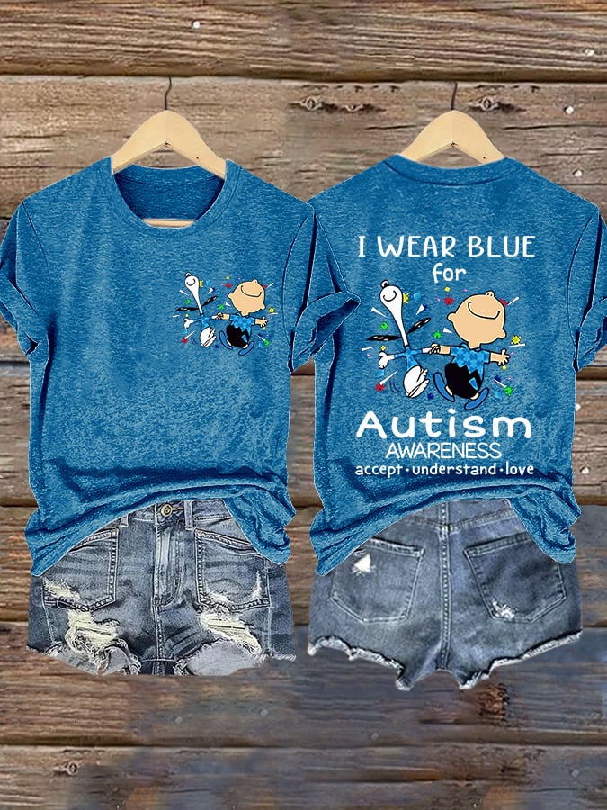 Retro Autism Awareness I Wear Blue For Autism Accept, Understand, Love Print T-Shirt