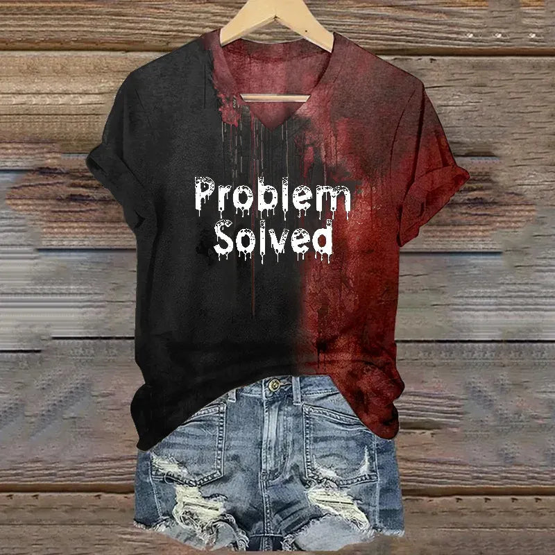 Women's Bloody Problem Solved Halloween Print V-neck T-shirt