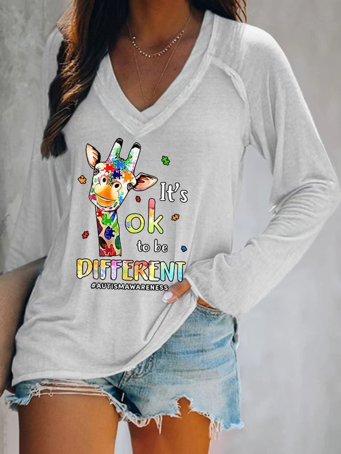 V-neck Autism Awareness Giraffe It's Ok To Be Different Print T-Shirt