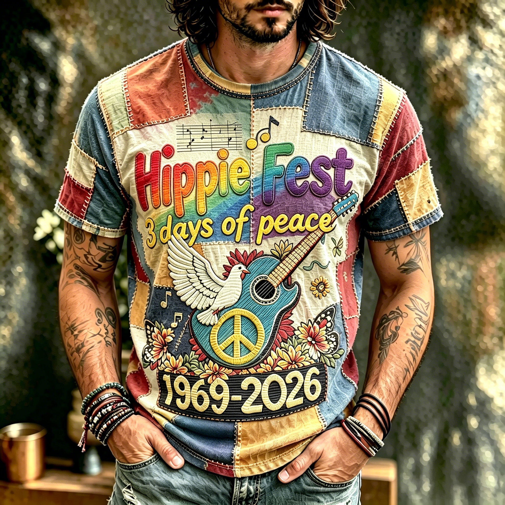 Men's Vintage 60s Music In Patchwork Art Hippie Crew Neck T-shirt