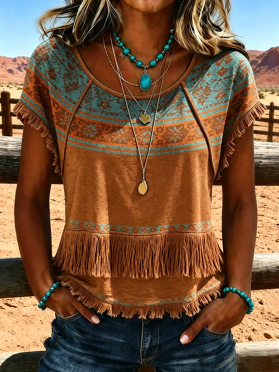 Women's Retro Tassel Ethnic Print Casual Top
