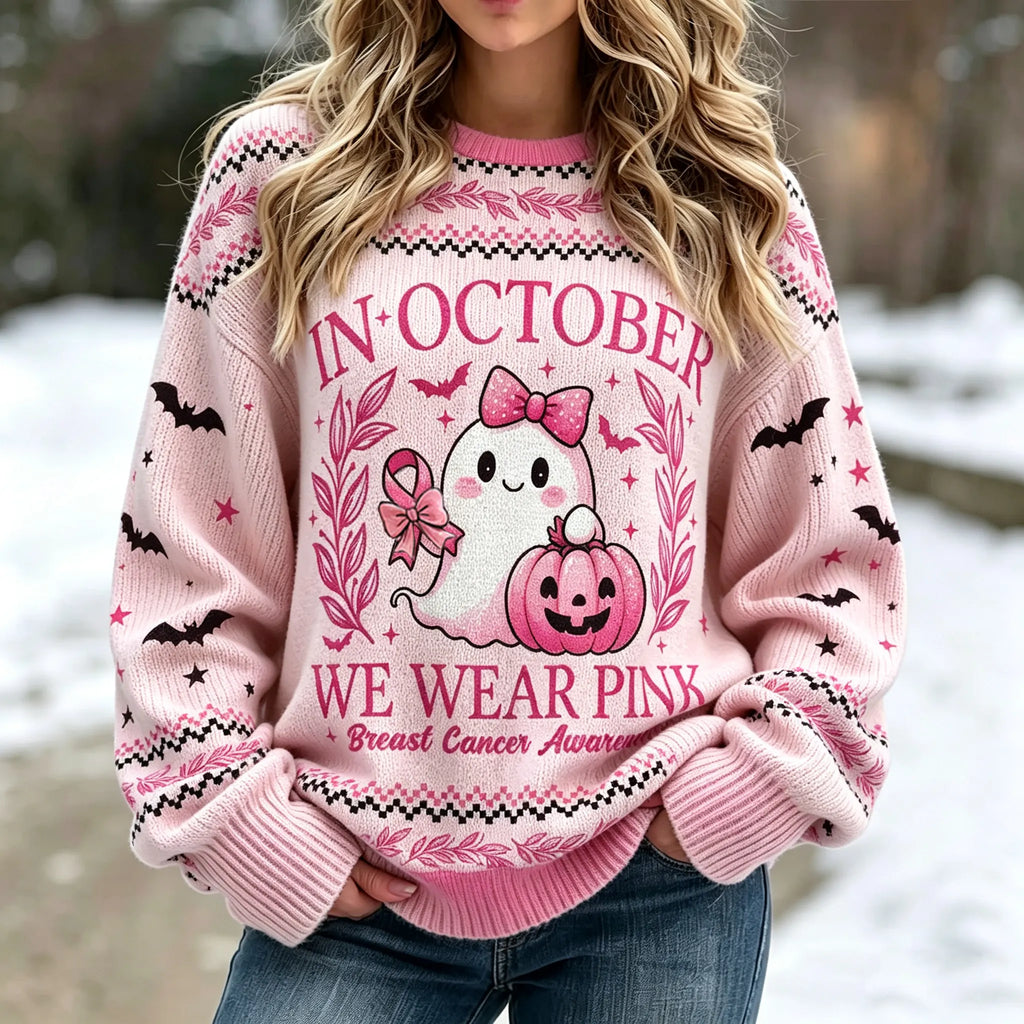 Women's Pink Halloween Ghost Letter Bat Print Crew Neck Sweater