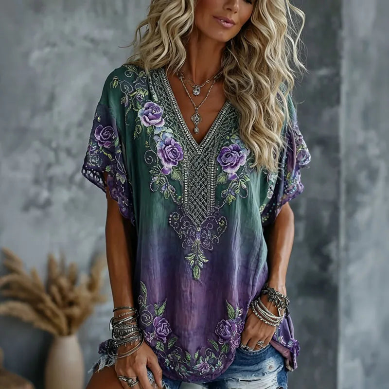 Women's Vintage Celtic Knot Floral Gradient Art Flowy Linen Blend Casual Tops