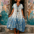 Women's Retro Hippie Floral Pattern Art Embroidered Linen Blend Maxi Dress