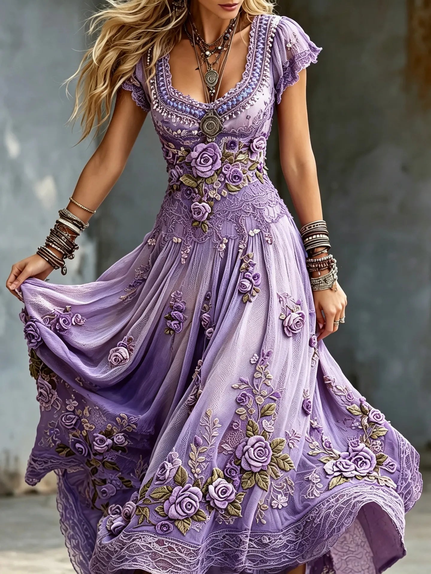 Women's Vintage Purple Floral Art Cotton Linen Short Sleeve Dress