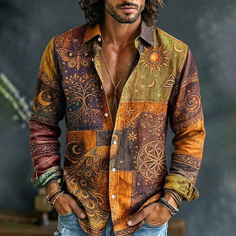 Men's Mystical Hippie Style Peacock Sun And Moon Art Print Long Sleeve Shirt