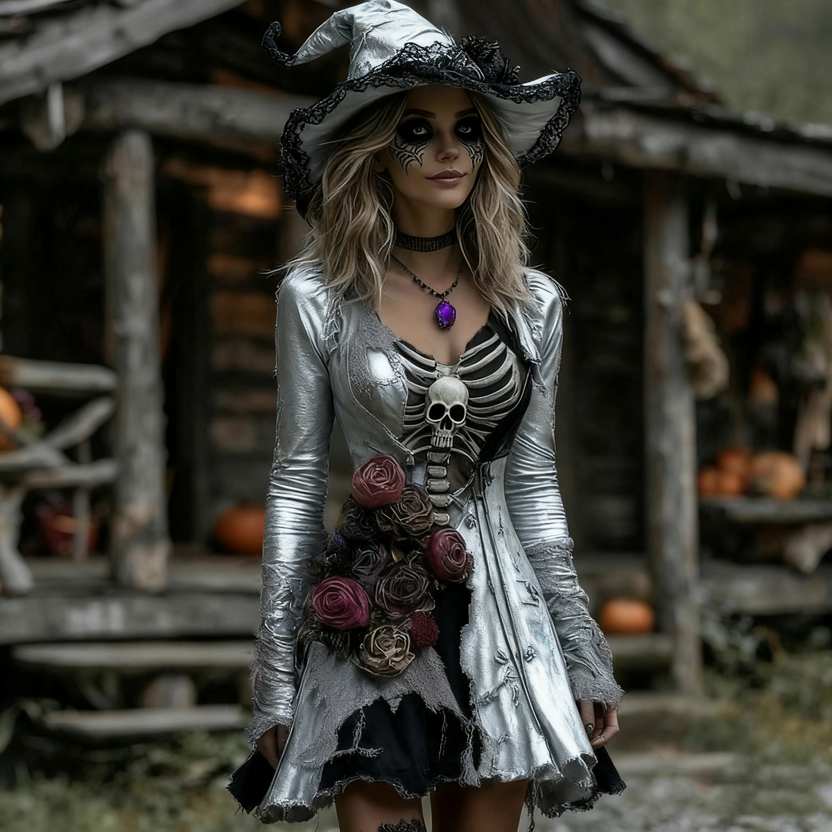 Women's Halloween Rose Skeleton  Cosplay Midi Dress