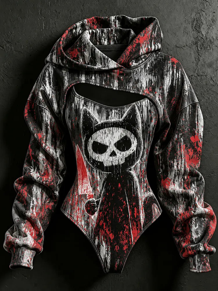 Women's Halloween Bloody Cat Skull Print Hoodie Two-piece Set
