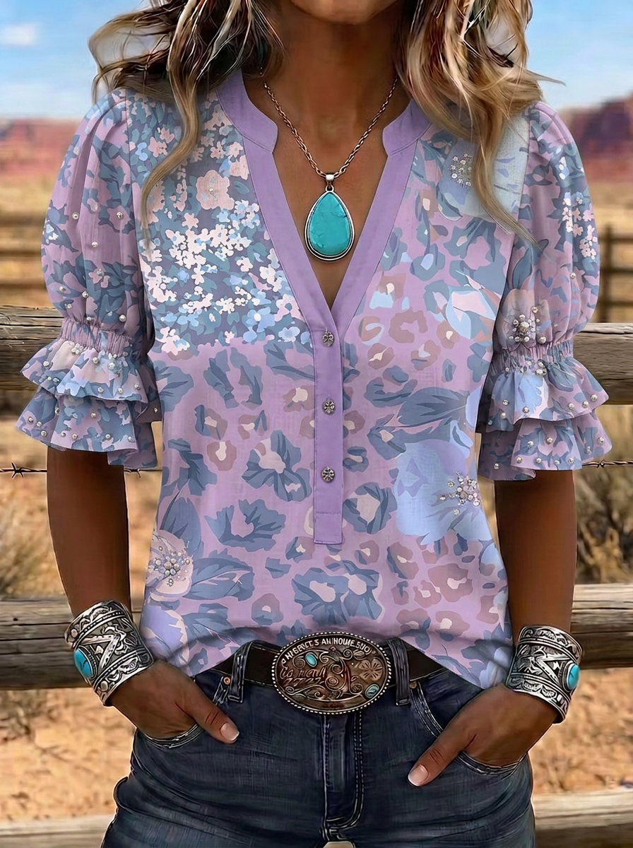 Women's Western Vintage Floral Leopard Printed Ruffle Sleeve Top
