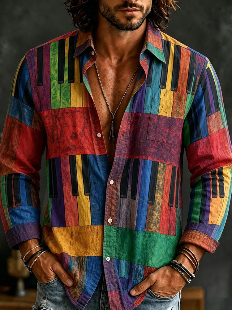 Men's Colorful Artistic Piano Key Pattern Patchwork Print Casual Long Sleeve Linen Shirt